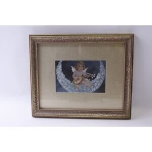 Baby Angel sitting on the Moon and Playing Setar, Print, Framed